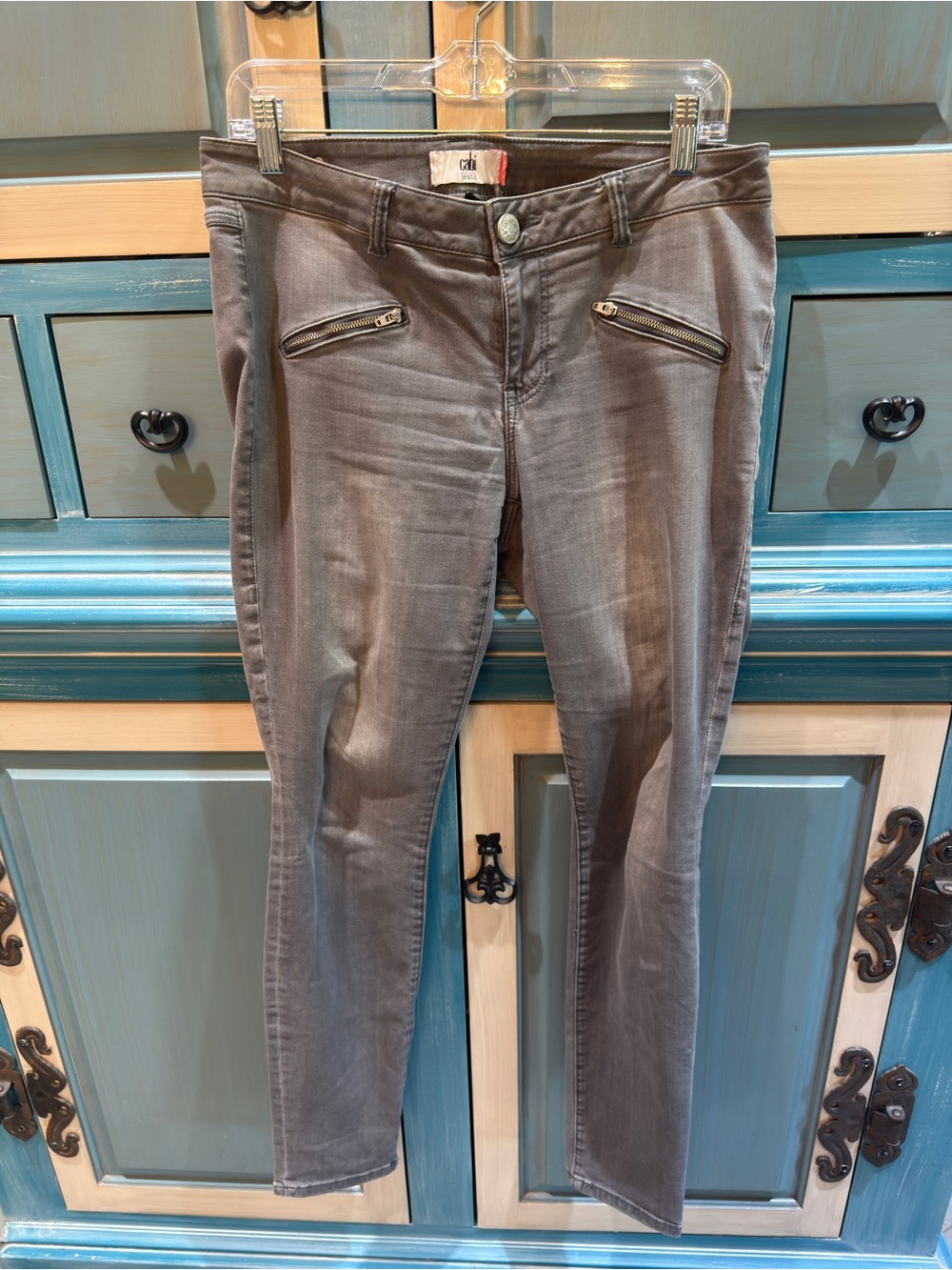 CAbi Slim Gray Skinny Jeans with Zip Pocket Accents